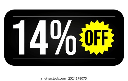 14% discount tag, black, white and yellow rectangular shape, perfect for marketing promotions, commerce and retail sales