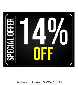 14% discount tag, black, white and yellow rectangular shape, perfect for retail sales, commerce and 
marketing promotions