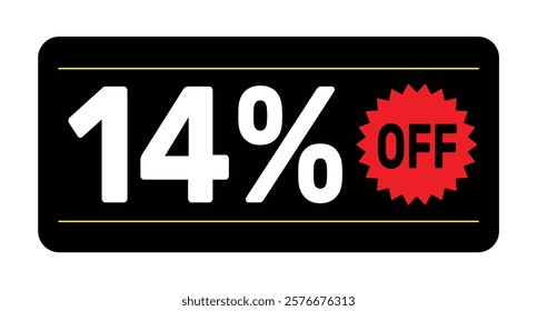 14% discount tag icon vector Black, white and rad design rectangular shape