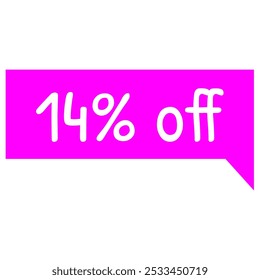 14% tag desconto, magenta e texto branco. Promoções de marketing, vendas no varejo. Marca de oferta simples. Etiqueta minimalista. Quatorze por cento