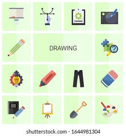14 Zeichnungsflache Symbole einzeln auf weißem Hintergrund. Symbole mit Stift, Innovation Business, Marker, Quest, Board Stand, Vektorillustration, Projekt, Grafiktablette, Briefmarken.