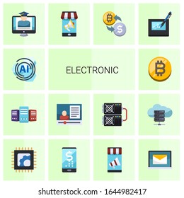 14 electronic flat icons set isolated on white background. Icons set with AI Pattern, Big data, eCommerce marketing, bitcoin, eCommerce Strategy, Mobile marketing, crypto-exchange icons.