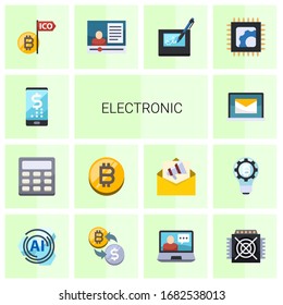 14 electronic flat icons set isolated on white background. Icons set with digital banking, Calculator, bitcoin, Online library, Initial Coin Offering, eCommerce marketing icons.