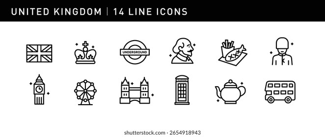 14 elegant icons showcase UK culture, including Big Ben, London Eye, red double-decker bus, and afternoon tea, capturing the charm of history and modernity.
