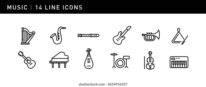 14 elegant icons showcase various instruments, including harp, saxophone, piano, and drums, capturing the diversity and charm of music.