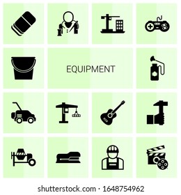 14 equipment filled icons set isolated on white background. Icons set with Bucket, Lawnmower, tower crane, Disinfection service, Eraser, tailor, Construction, joystick icons.