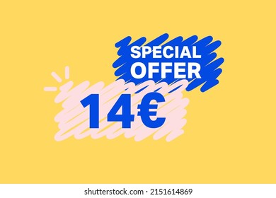 14 Euro OFF Sale Discount banner shape template. Super Sale Euro 14 Special offer badge end of the season sale coupon bubble icon. Modern concept design. Discount offer price tag vector illustration.