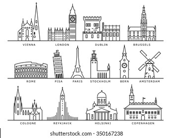 14 European Cities Landmarks, Linear Vector Style