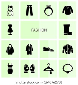 14 fashion filled icons set isolated on white background. Icons set with sewing mannequin, hoodie, coat, Rubber boots, bride, trousers, diamond ring, blouse, dress, Handmade icons.