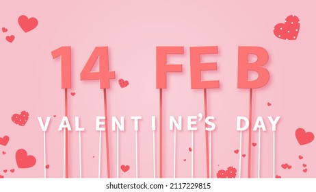 14 Feb Valentine's day text on pink background with heart confetti, 16x9 proportion