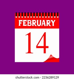 14 February 2023. Icon calendar day. Days of the year. Vector illustration sign label. Event schedule date. Meeting appointment time. Agenda plan. Purple background.