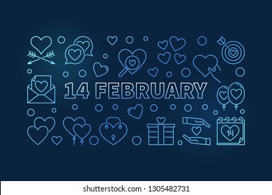 14 February blue thin line illustration. Valentine's Day vector colored linear banner on dark background