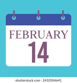 14 February Calendar. Blue Background. Vector Calendar.
