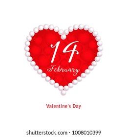 14 February, calendar date in heart with pearl on white background, Valentines Day greeting card, Happy Valentine's Day