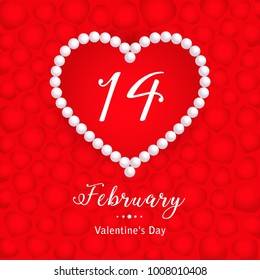 14 February, calendar date in heart with pearl on red hearts background, Valentines Day greeting card, Happy Valentine's Day