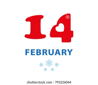 14 February, calendar date in the shape of heart with snowflakes, Valentines Day greeting card, Happy Valentine's Day