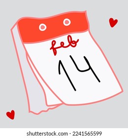14 February calendar, date. Valentine's day. Love. Tear off calendar. Vector illustration.