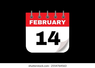 14 February calendar icon text page monthly web design on red, white and black background vector, icon, or illustration with the month of February 14