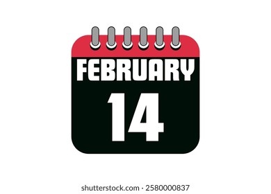 14 February calendar icon text page monthly web design on red, black and white background vector, icon, or illustration with the month of February 14