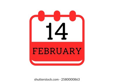 14 February calendar icon text page monthly web design on red, black and white background vector, icon, or illustration with the month of February 14