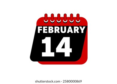 14 February calendar icon text page monthly web design on red, black and white background vector, icon, or illustration with the month of February 14