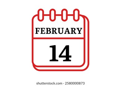 14 February calendar icon text page monthly web design on red, black and white background vector, icon, or illustration with the month of February 14