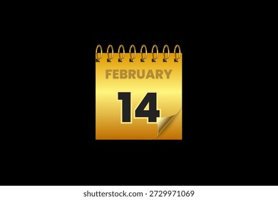 14 February calendar icon text page monthly web design on black and golden background vector, icon, or illustration with the month of February 14