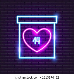 14 February calendar neon icon. Valentine's day concept. Symbol with love. Vector illustration of holidays. 