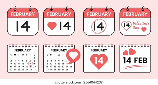 14 February calendar vector icon set, perfect for Valentine’s Day designs, featuring love-themed graphics. High-quality, scalable illustrations ideal for branding, invitations, and romantic projects.