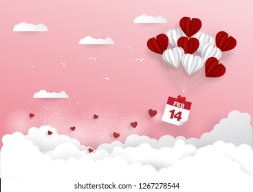 14 february calender with heart balloon .vector.paper art and craft style