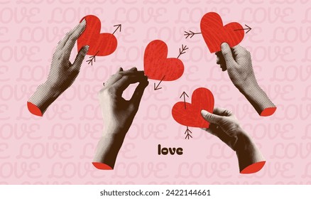 14 February collage set. Paper halftone hands holding hearts with grunge texture and linear arrows. Mixed media design with cut out paper female palms for Valentine's day events. Vector illustration