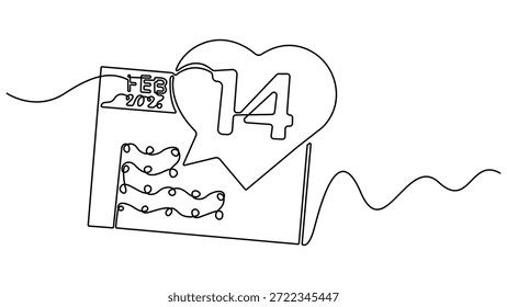 14 de febrero dibujo de línea continua. Símbolo lineal del día de San Valentín. Calendario con un corazón. Fecha de celebración. Una línea de arte del calendario. Ilustración vectorial aislada en blanco. Esquema editable