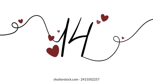 14 February continuous one-line drawing and red hearts on white background. Happy Valentine's Day line art drawing. Vector illustration