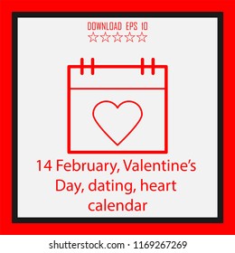 14 February, Valentine’s Day, dating, heart calendar vector icon