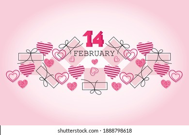 14 FEBRUARY. Day Saint Valentines. Greeting card, poster, background with hearts and gifts. Design for holiday discounts and sales. Vector illustration