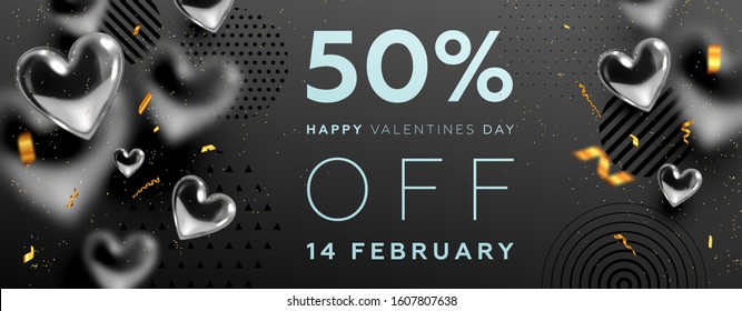 14 February Happy Valentines Day dark elegance background composition with 3d love hearts for trendy banner, placard, poster or greeting card. Vector illustration