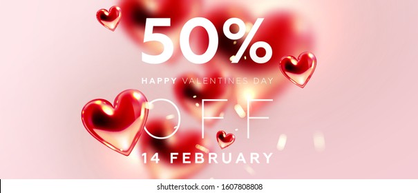 14 February Happy Valentines Day background composition with 3d love hearts for trendy banner, placard, poster or greeting card. Vector illustration