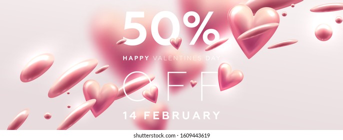 14 February Happy Valentines Day background composition with 3d love hearts for trendy banner, placard, poster or greeting card. Vector illustration