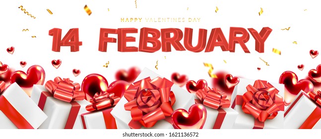 14 February Happy Valentines Day background composition with 3d love hearts and gift boxes for trendy banner, placard, poster or greeting card. Vector illustration