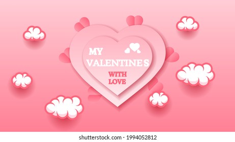 14 February Happy Valentine's Day Greeting Hearts Shadow on Cloud Background. Romantic Love Vector Design Banner Party Invitation Template