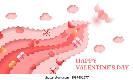 14 de Febrero Feliz Día de San Valentín Saludos Corazones Regala Nubes Fondo. Plantilla de invitación a fiesta de diseño de vectores de amor románticos