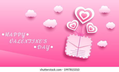 14 February Happy Valentine's Day Greeting Hearts Clouds Envelope Background. Romantic Love Vector Design Banner Party Invitation Template