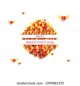 14 February Happy Valentine's Day Greeting Round Hearts With Wings Background. Romantic Love Vector Design Banner Party Invitation Template