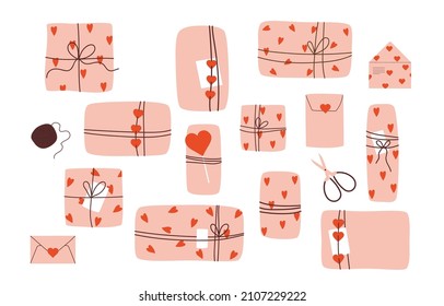 14 February Happy Valentine's Day gift box Set. Pink paper boxes, envelopes, with hearts and other decor elements. Love presents. Flat cartoon vector illustration. Isolated on white background. 
