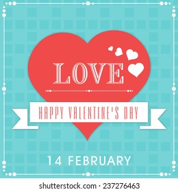 14 February, Happy Valentine's Day celebration with Love text, ribbon and hearts on abstract blue background.