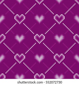 14 February Knitted Pattern with Hearts. St Valentine's Day Seamless Vector Background
