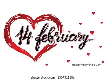 14 february. Lettering illustration dedicated to Valentine's day on a white background with hearts. Vector illustration 10 EPS.