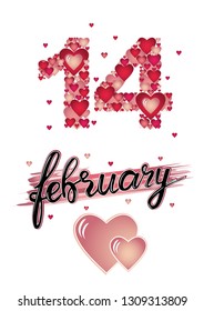 14 february. Lettering illustration dedicated to Valentine's day on a white background with large and small hearts. Vector illustration 10 EPS.