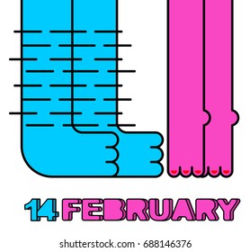 14 February. Male and female legs. Kiss of lovers. Greeting card for Valentines day
