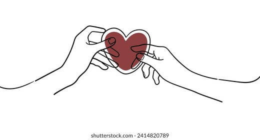 14 February Minimalist line art illustration. Happy Valentine's Day line art drawing. Continuous one-line drawing red heart with hands. Vector illustration